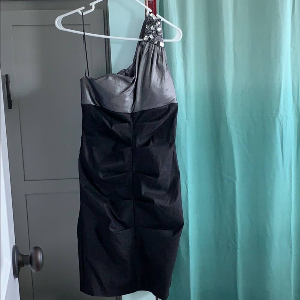 One shoulder black and gray formal dress